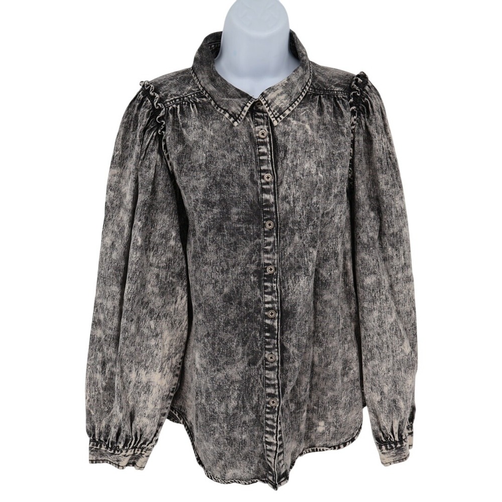 Aaron & Amber Acid‎ Washed Black Denim Blouse Ruffled Sleeve Sz L Cottage Grunge